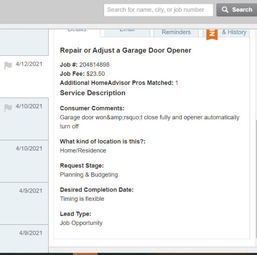 This shows details of the original job request