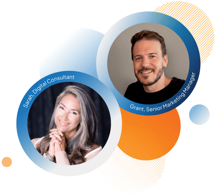Overlapping circular portraits with blue gradient rings; left is Sarah, Digital Consultant, right is Grant, Senior Marketing Manager, on a decorative abstract background.