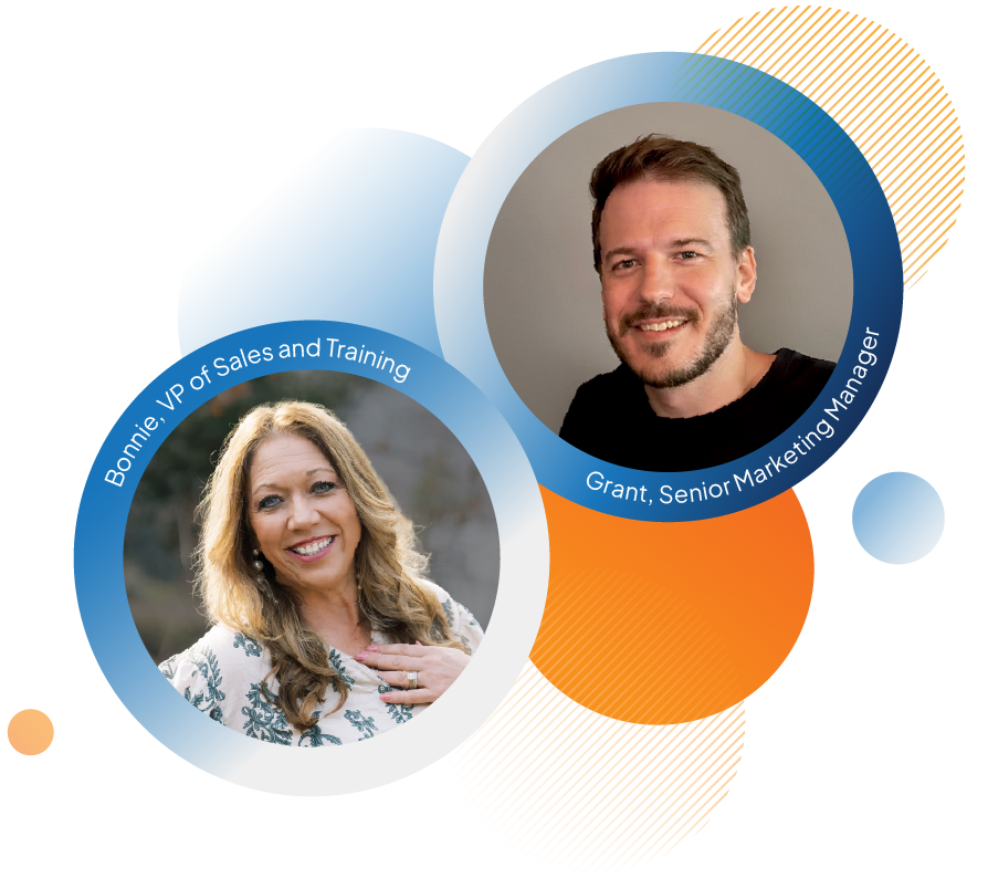 Overlapping circular portraits with blue gradient rings; left is Sarah, Digital Consultant, right is Grant, Senior Marketing Manager, on a decorative abstract background.